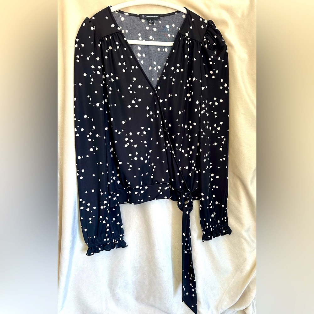 Black and White Ruffled Wrap Blouse